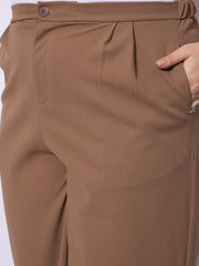 Women Beige Front Pleated Straight Pants