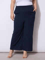 Women Navy Front Seam Elasticated Straight Pants
