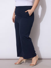 Women Navy Front Seam Elasticated Straight Pants