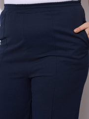 Women Navy Front Seam Elasticated Straight Pants