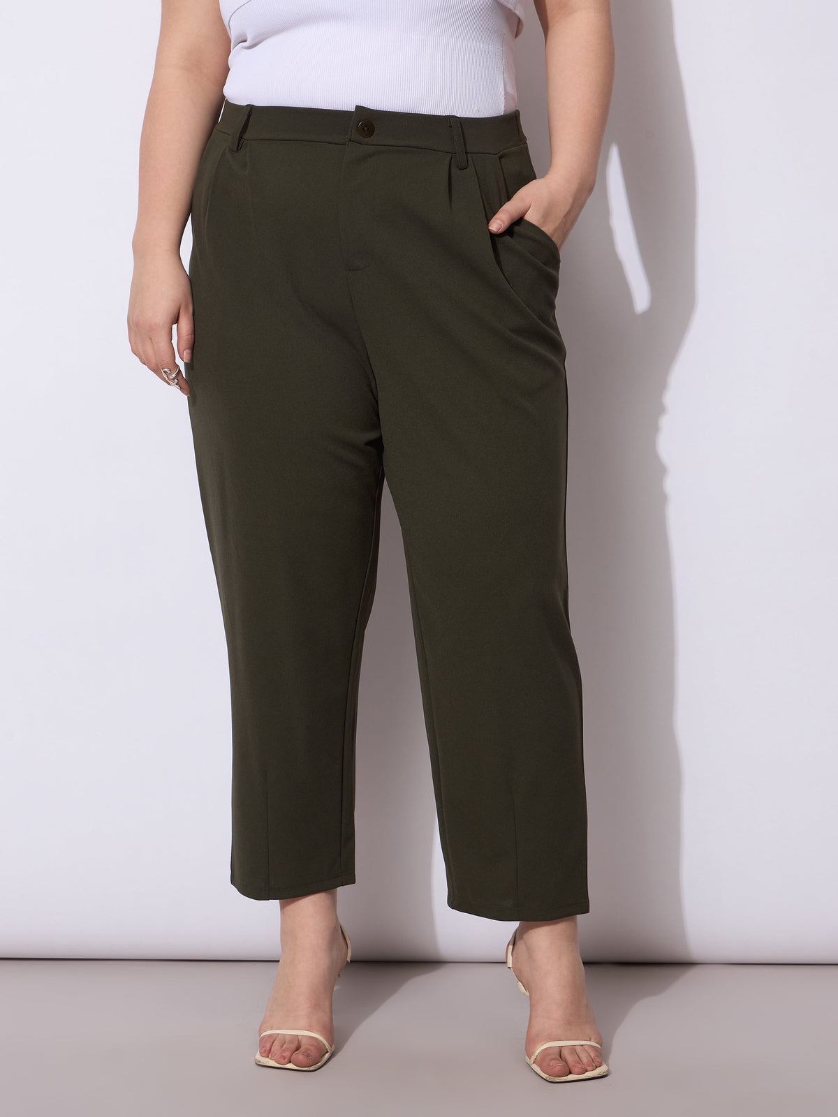 Women Olive Front Pleated Mom Fit Pants