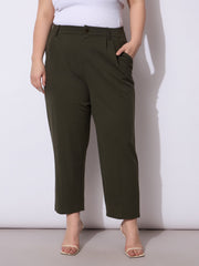 Women Olive Front Pleated Mom Fit Pants
