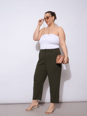 Women Olive Front Pleated Mom Fit Pants