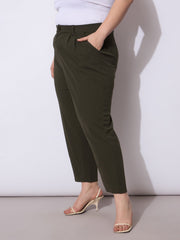 Women Olive Front Pleated Mom Fit Pants