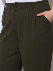 Women Olive Front Pleated Mom Fit Pants