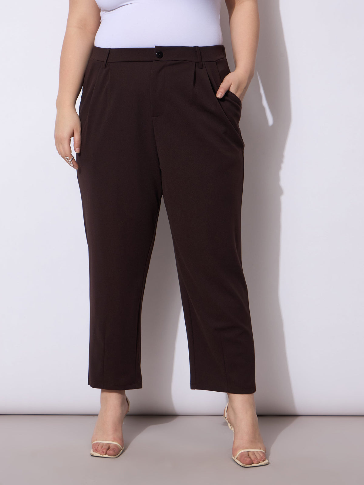 Women Dark Brown Front Pleated Mom Fit Pants