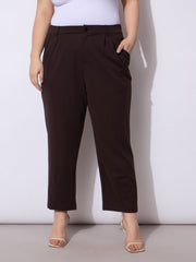 Women Dark Brown Front Pleated Mom Fit Pants