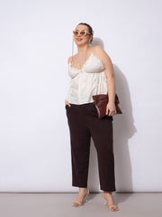Women Dark Brown Front Pleated Mom Fit Pants