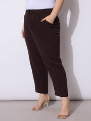 Women Dark Brown Front Pleated Mom Fit Pants