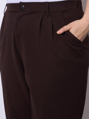Women Dark Brown Front Pleated Mom Fit Pants