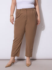 Women Beige Front Pleated Mom Fit Pants