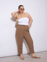 Women Beige Front Pleated Mom Fit Pants
