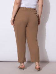 Women Beige Front Pleated Mom Fit Pants