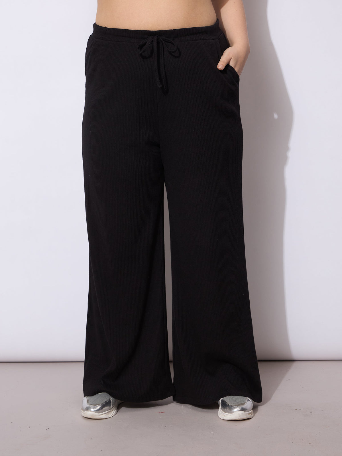 Women Black Rib Drawstring Straight Pants
