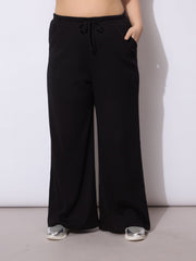 Women Black Rib Drawstring Straight Pants