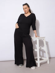 Women Black Rib Drawstring Straight Pants