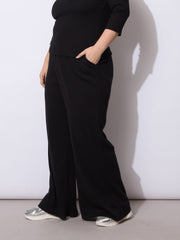 Women Black Rib Drawstring Straight Pants