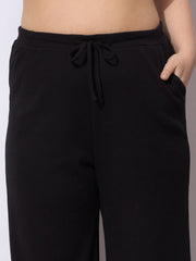 Women Black Rib Drawstring Straight Pants