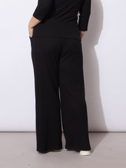 Women Black Rib Drawstring Straight Pants