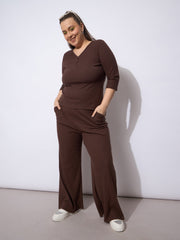 Women Dark Brown Rib Drawstring Straight Pants