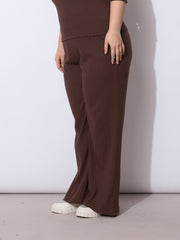 Women Dark Brown Rib Drawstring Straight Pants