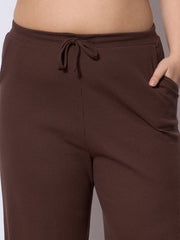 Women Dark Brown Rib Drawstring Straight Pants