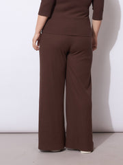 Women Dark Brown Rib Drawstring Straight Pants