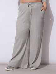 Women Grey Rib Drawstring Straight Pants