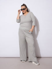 Women Grey Rib Drawstring Straight Pants