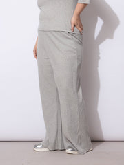 Women Grey Rib Drawstring Straight Pants