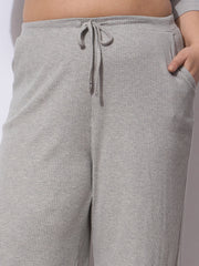 Women Grey Rib Drawstring Straight Pants