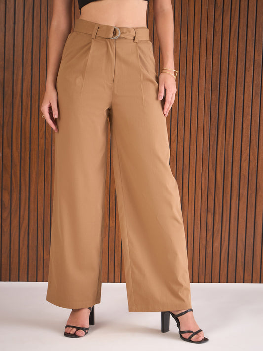 Women Brown Front Pleated Straight Fit Pants