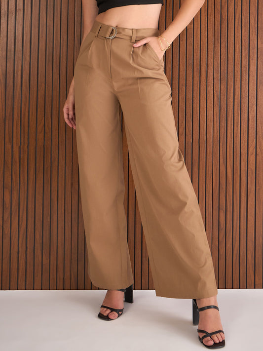 Women Brown Front Pleated Straight Fit Pants