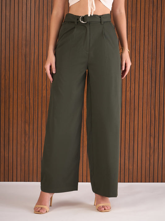 Women Olive Front Pleated Straight Fit Pants