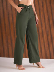 Women Olive Front Pleated Straight Fit Pants
