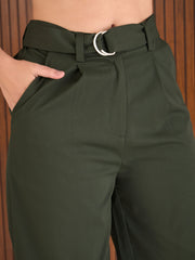 Women Olive Front Pleated Straight Fit Pants