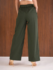 Women Olive Front Pleated Straight Fit Pants