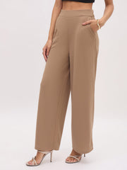 Women Beige Cross Pocket Front Dart Straight Pants
