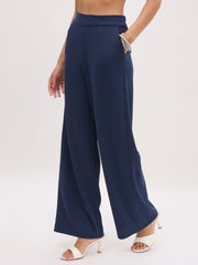Women Blue Cross Pocket Front Dart Straight Pants