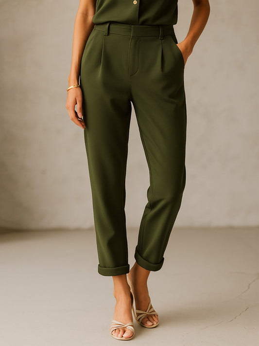Women Olive Cross Pocket Bottom Fold Straight Pants