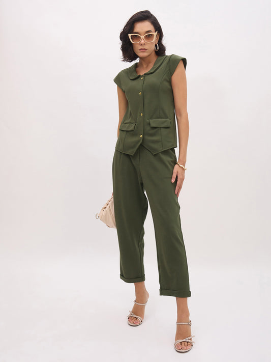 Women Olive Cross Pocket Bottom Fold Straight Pants