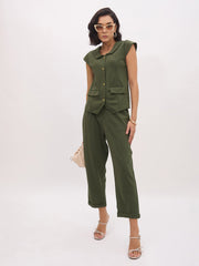 Women Olive Cross Pocket Bottom Fold Straight Pants