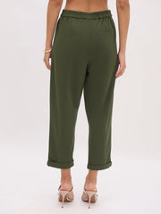 Women Olive Cross Pocket Bottom Fold Straight Pants