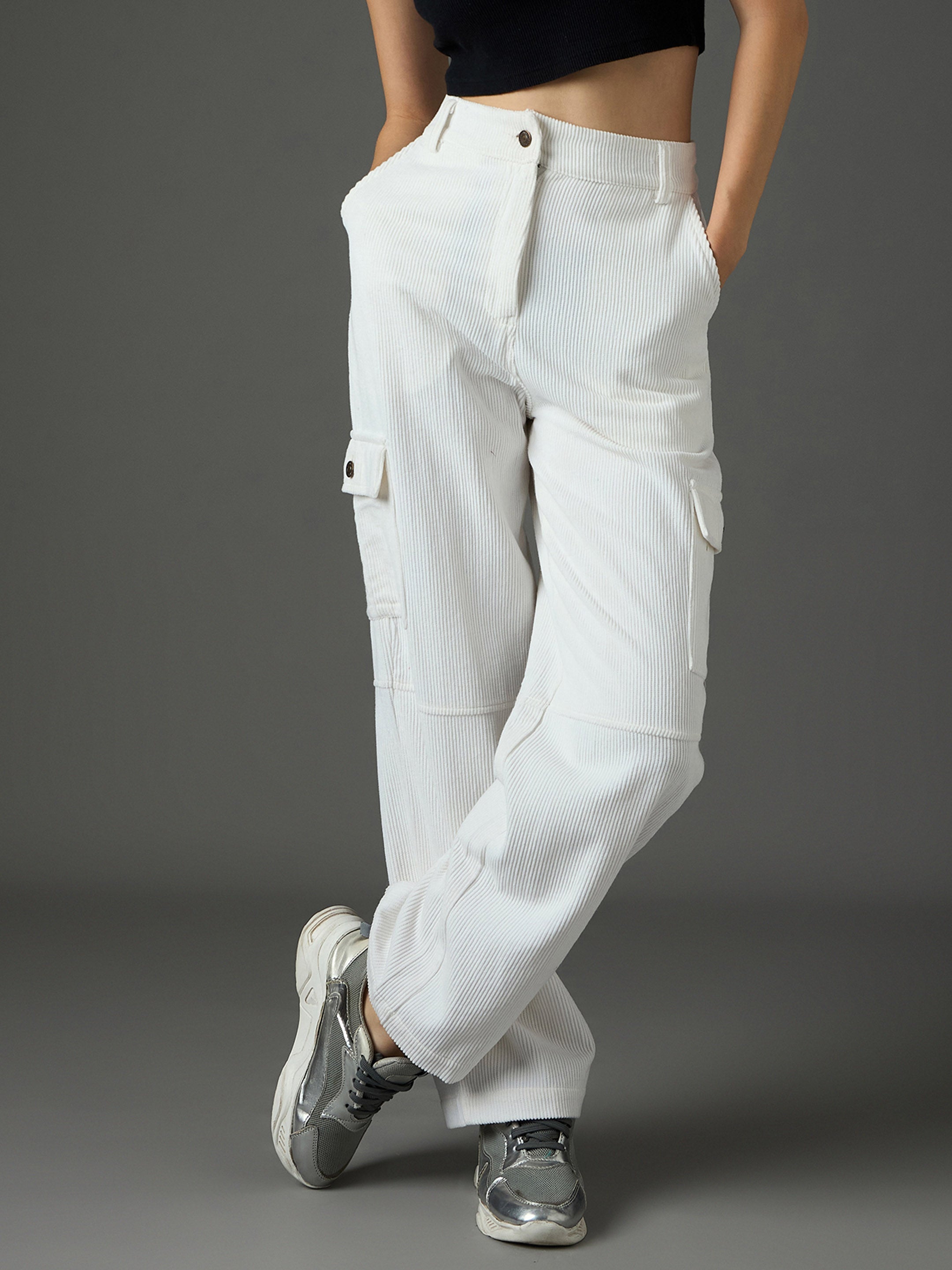 White Corduroy Straight Fit Cargo Pants SASSAFRAS