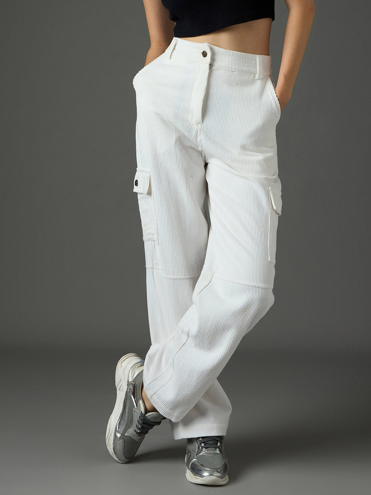 White Corduroy Straight Fit Cargo Pants SASSAFRAS