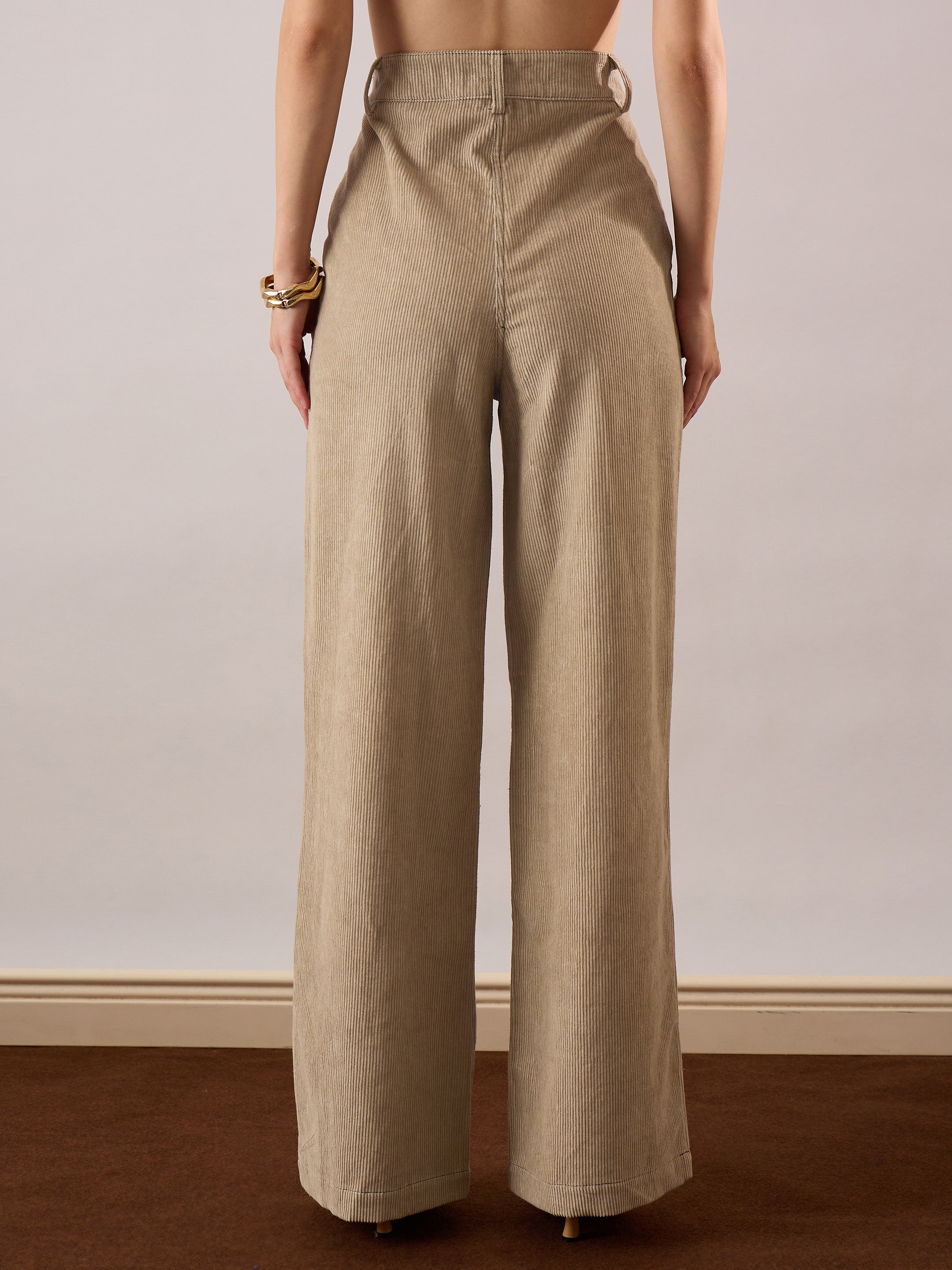 Beige Corduroy Front Patch Pocket Wide Leg Pants SASSAFRAS