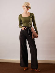 Black Corduroy Front Patch Pocket Wide Leg Pants SASSAFRAS