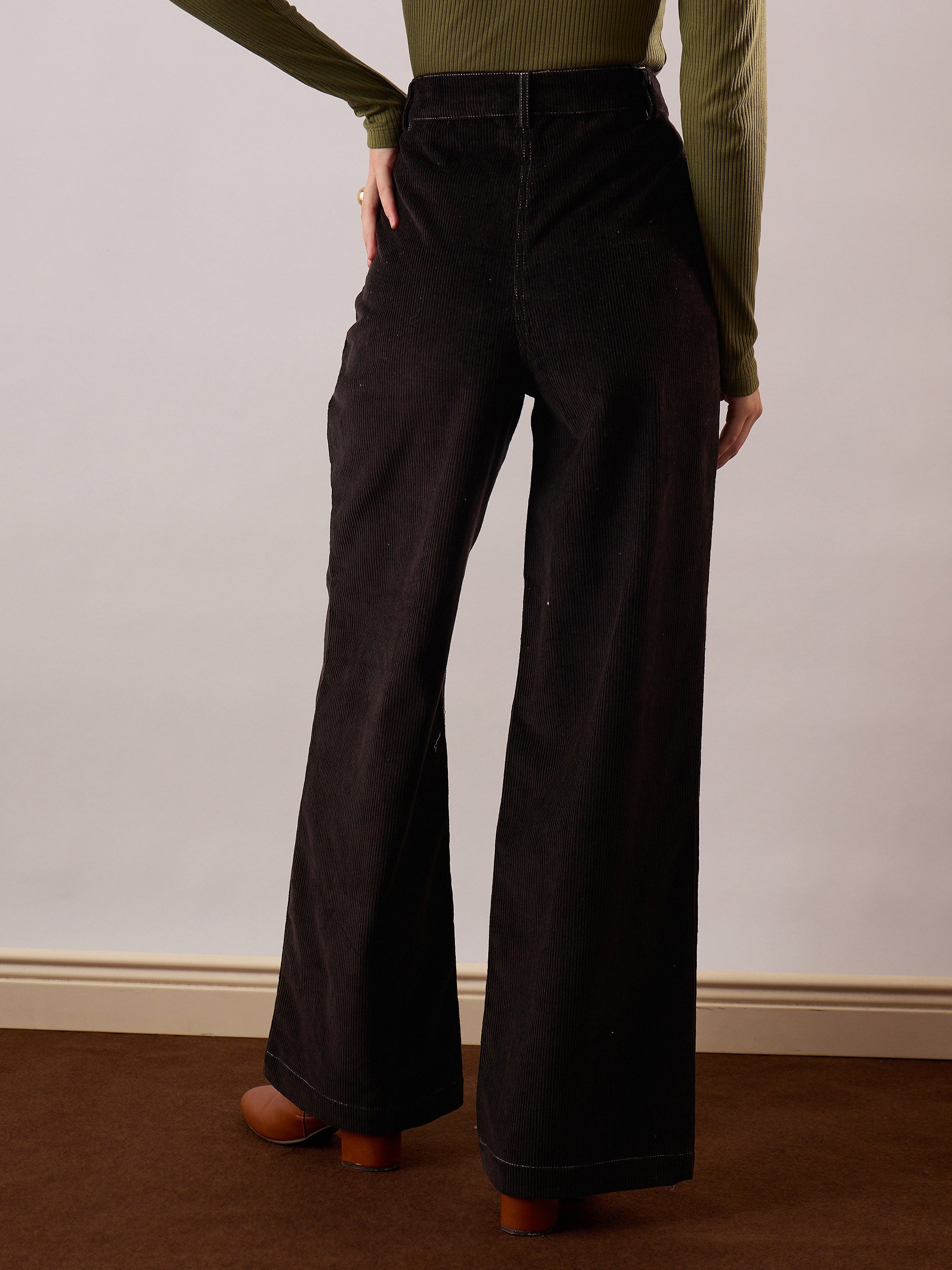 Black Corduroy Front Patch Pocket Wide Leg Pants SASSAFRAS