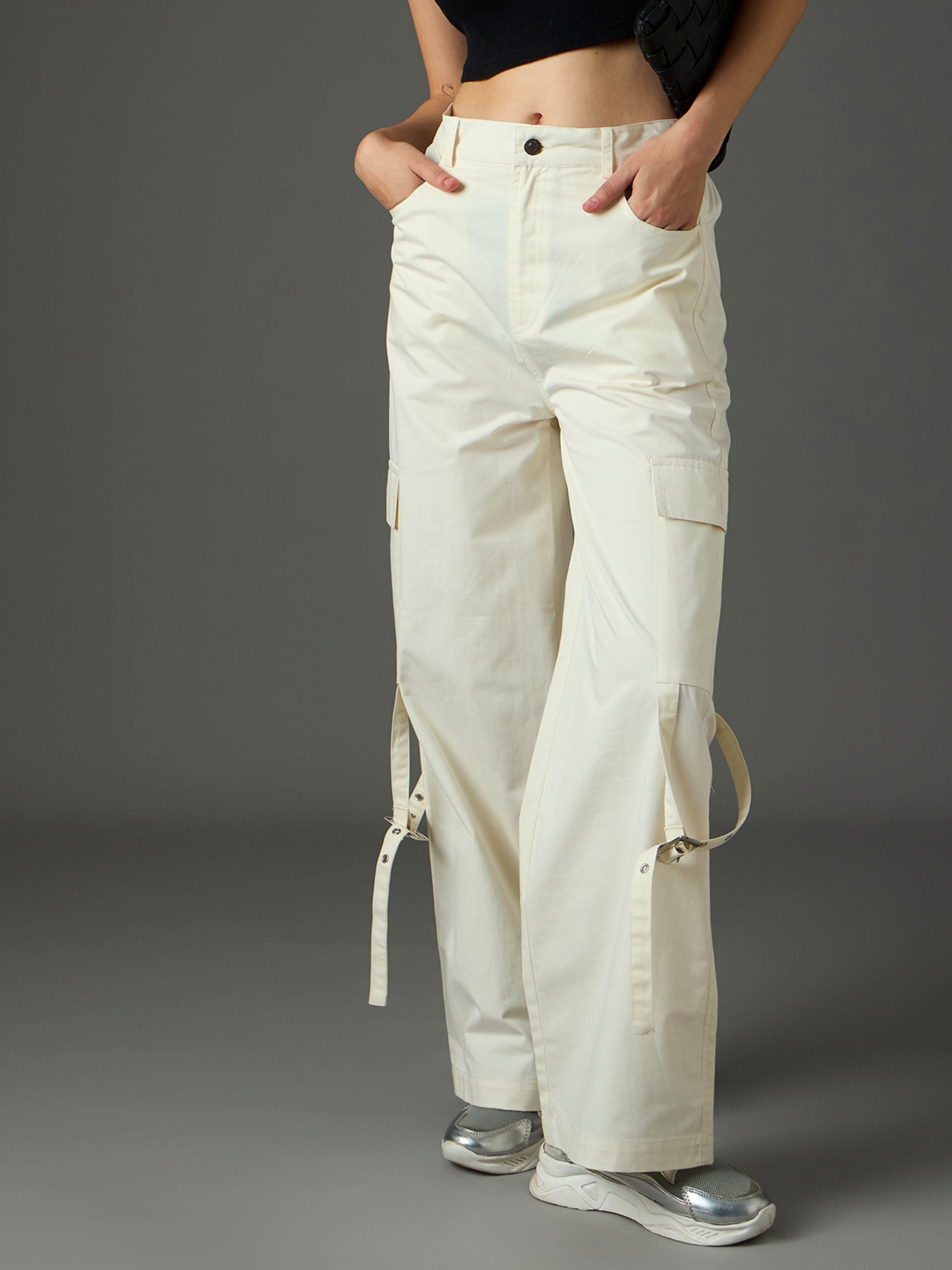 White Twill Pocket Loop Detail Cargo Pants SASSAFRAS