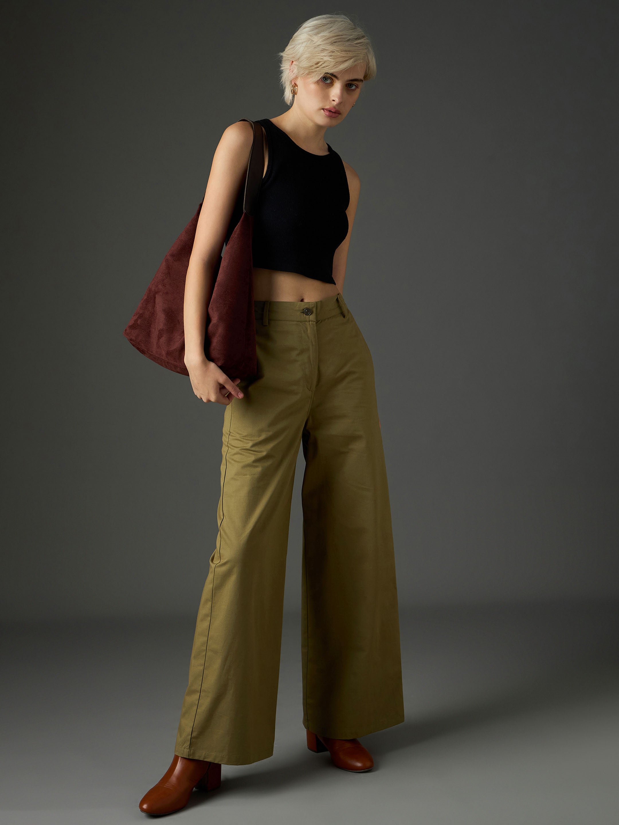 Olive Twill Flared Pants SASSAFRAS